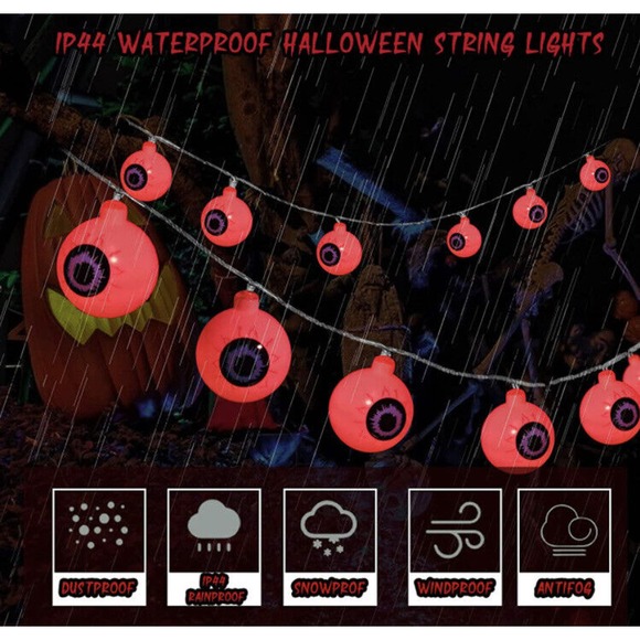 Decor Red Halloween Eyeball String Lights 30 LED Eyeball Waterproof 16.4' X 2 - Picture 3 of 4